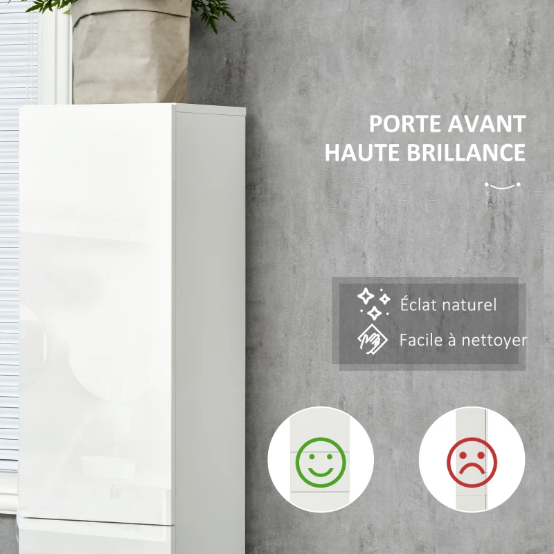 kleankin Meuble colonne rangement salle de bain style contemporain 2 placards 3 étagères et 1 tiroir coulissant panneaux particules brillant dim. 30l x 28P x 170H cm blanc laqué