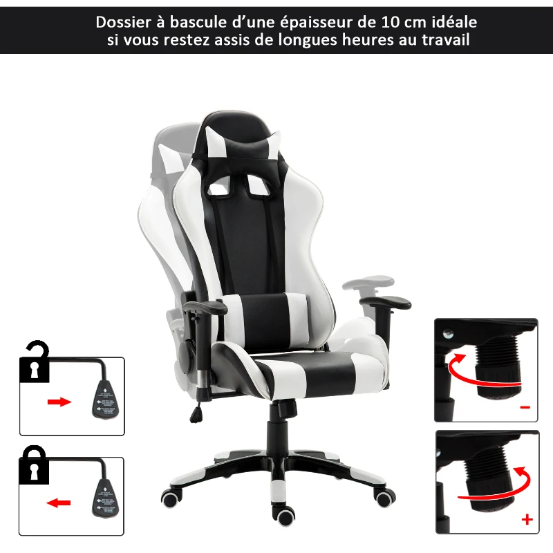 HOMCOM Fauteuil de bureau manager grand confort style baquet Racing pivotant inclinable avec coussins blanc noir