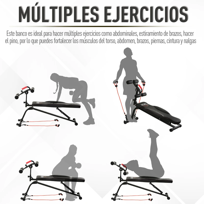 HOMCOM Banco de Abdominales Plegable Regulable en Altura y Ángulo Ajustable con Cintas Elásticas 44,5x143x84-92 cm Negro