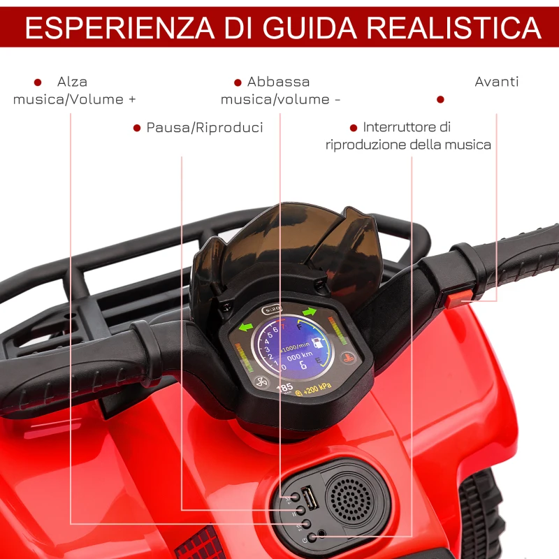 HOMCOM Quad Elettrico per Bambini con Batteria Ricaricabile 6V, Pulsante Acceleratore, Età 18-36 Mesi, 70x42x45cm, Rosso