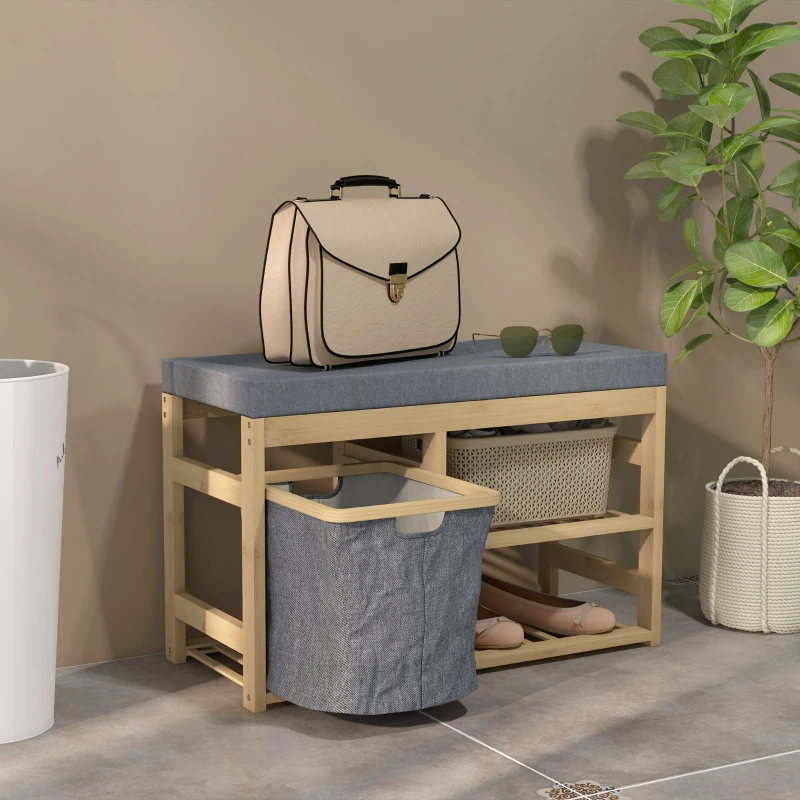 HOMCOM Mueble Zapatero con Asiento Cesta Extraíble y Estantes Abiertos para 4 Pares de Zapatos 69x30x45 cm Natural