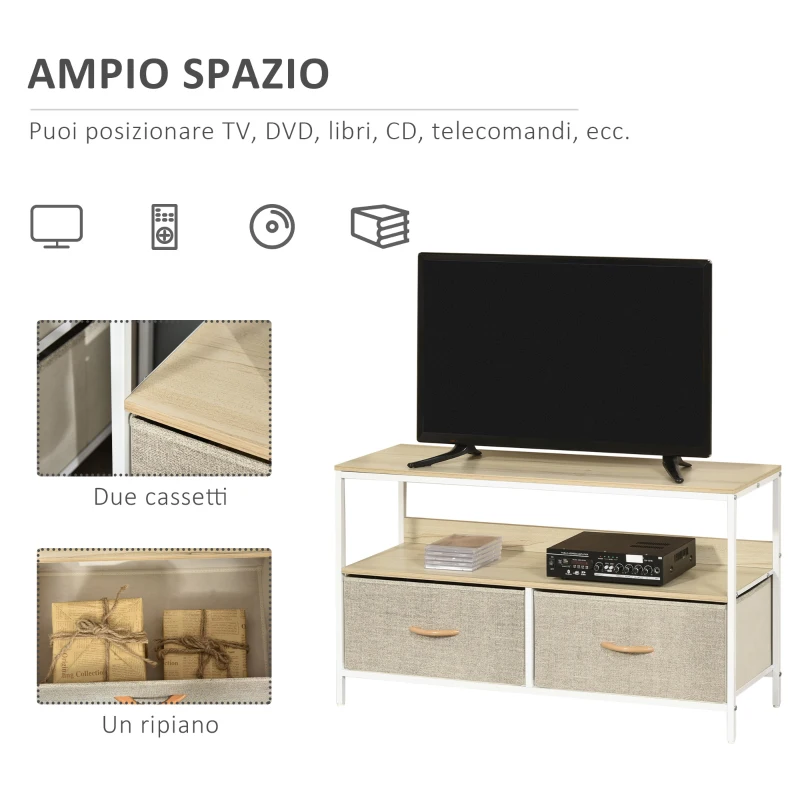 HOMCOM Mobile Porta TV da 47" con Cassetti Pieghevoli in Tessuto e Mensola in Metallo e MDF, 98x29x56cm, Colore Legno