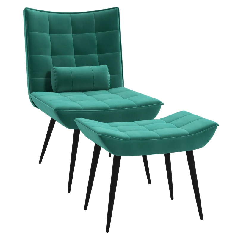 HOMCOM Upholstered Accent Chair with Footstool Set, Modern Tufted Armless Chair with Steel Legs for Living Room, Bedroom, Home Study, Green