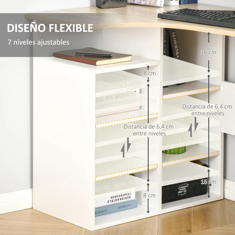 HOMCOM Escritorio Esquinero Mesa de Ordenador en Forma de L Escritorios Juveniles con Estantes Ajustables para Oficina Casa Despacho 120x70x75 cm Blanco y Roble