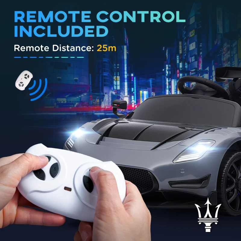 AIYAPLAY Maserati GT2 Licensed 12V Kids Electric Ride on Car with 4 Suspension Wheels, Remote Control, Music, Horn, Lights, Grey