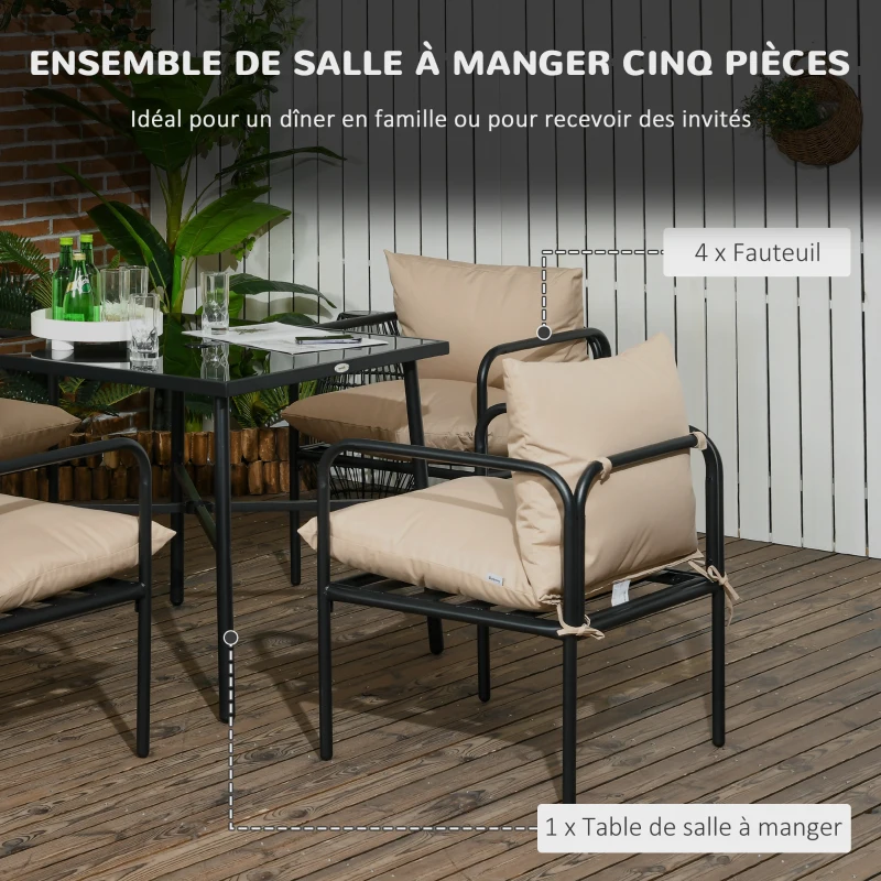 Outsunny Salon de jardin ensemble table et chaises 5 pièces 1 table à manger carrée et 4 chaises 4 coussins