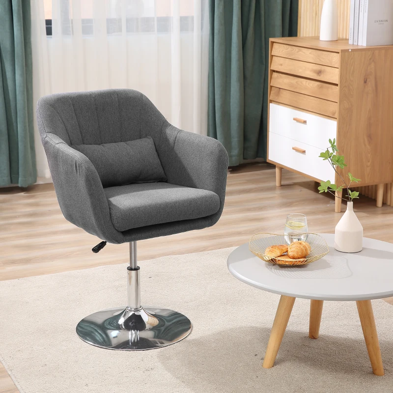 HOMCOM Fauteuil de salon Grand Confort Coussins lombaires Hauteur réglable pivotant 360° piètement métal chromé Lin Gris