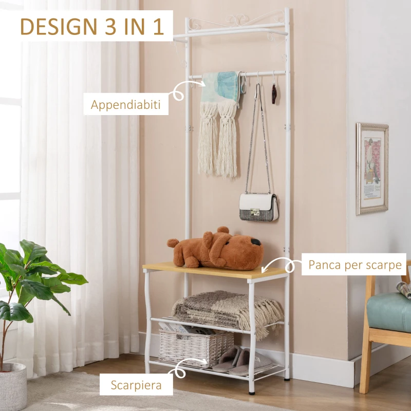 HOMCOM Stand Appendiabiti Attaccapanni per Ingresso Scarpiera a 2 Ripiani 5 Ganci Metallo 60 × 35 × 175cm Bianco e Color Legno