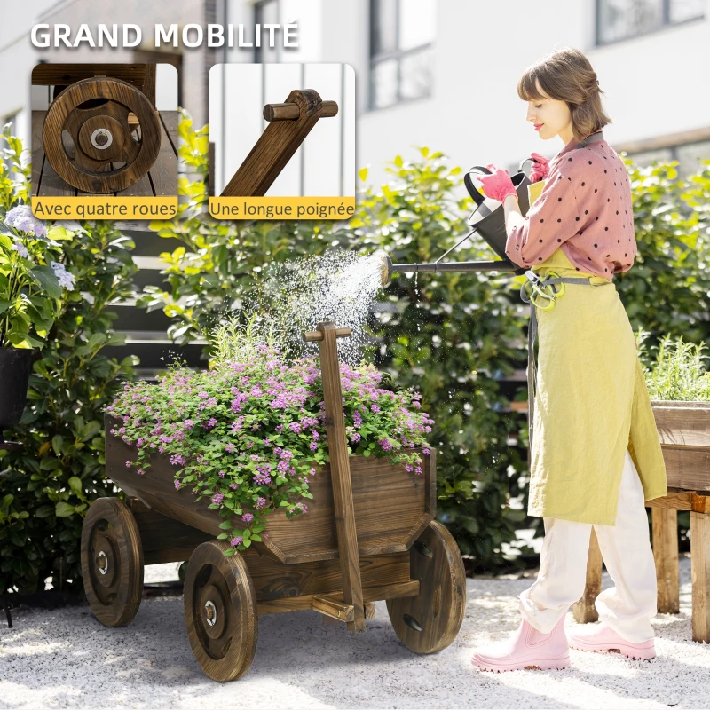Outsunny jardinière design charrette avec 4 roues et poignée - carré Potager dim. 93L x 55l x 137H cm - Bois Sapin