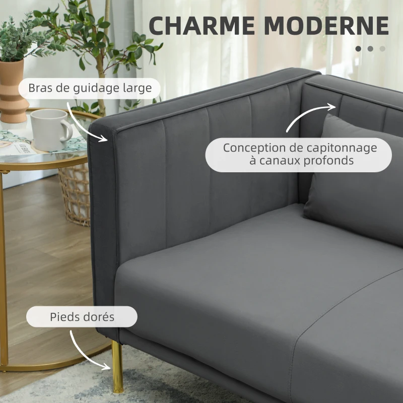 HOMCOM Canapé 3 places, 194,5l, grand confort, aspect velours et capitonné, idéal pour le salon, la chambre, le bureau, Gris