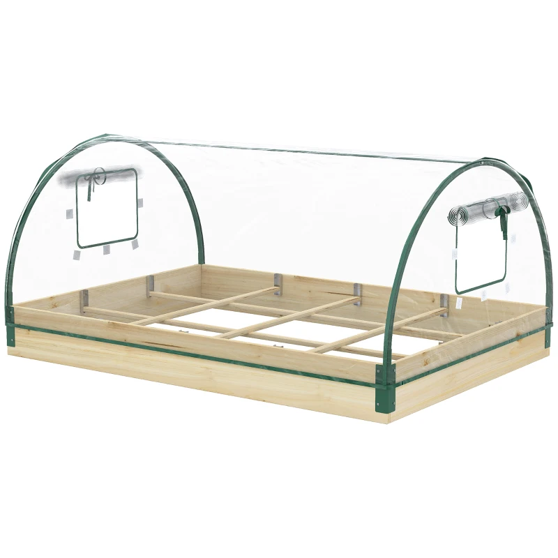 Outsunny Raised Bed with Greenhouse, Wooden Garden Planter Box with PVC Cover, Roll Up Windows, Dual Use for Vegetables, Plants, Flowers, 115 x 80 x 54 cm, Natural Wood Effect
