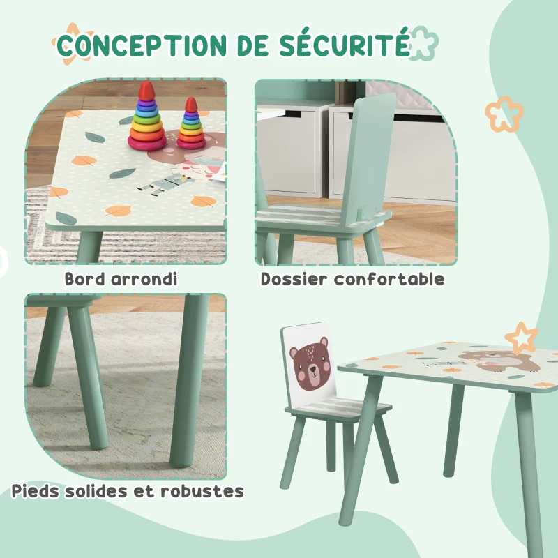 ZONEKIZ Table et 2 chaises pour enfants 3-8 ans ensemble 3 pièces motif animaux pour chambre à coucher salle de jeux vert