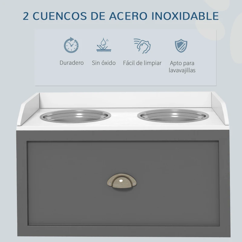 PawHut Comedero Elevado para Perros Grandes con 2 Cuencos de 2000 ml de Acero Inoxidable y 1 Cajón 63x30x36 cm Gris y Blanco