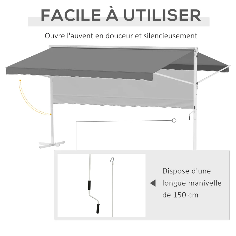 Outsunny Store Double Pente Manuel rétractable Inclinaison réglable Acier époxy Blanc Polyester imperméabilisé Anti-UV Gris dim. 4,50L x 3,40l x 2,55H m