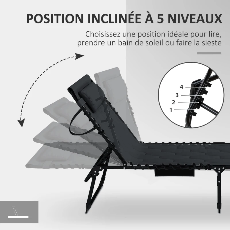 Outsunny Lot de 2 transats pliables avec dossier inclinable 5 positions - appui-tête et revêtement matelassé tissu Oxford - noir