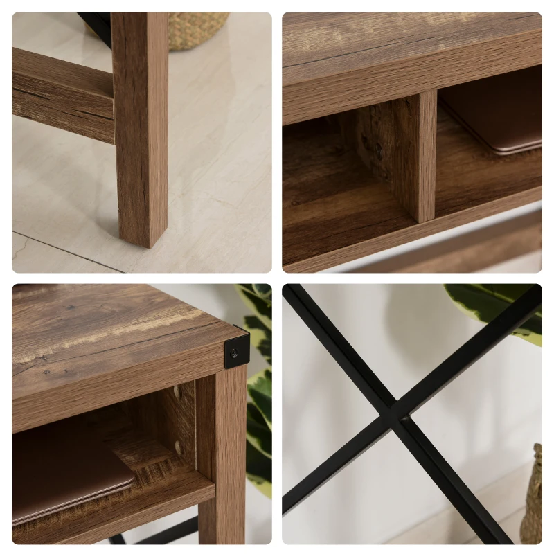 HOMCOM Bureau Design Industriel Grand Plateau 2 niches métal Noir Panneaux Particules Imitation Bois veinage Marron