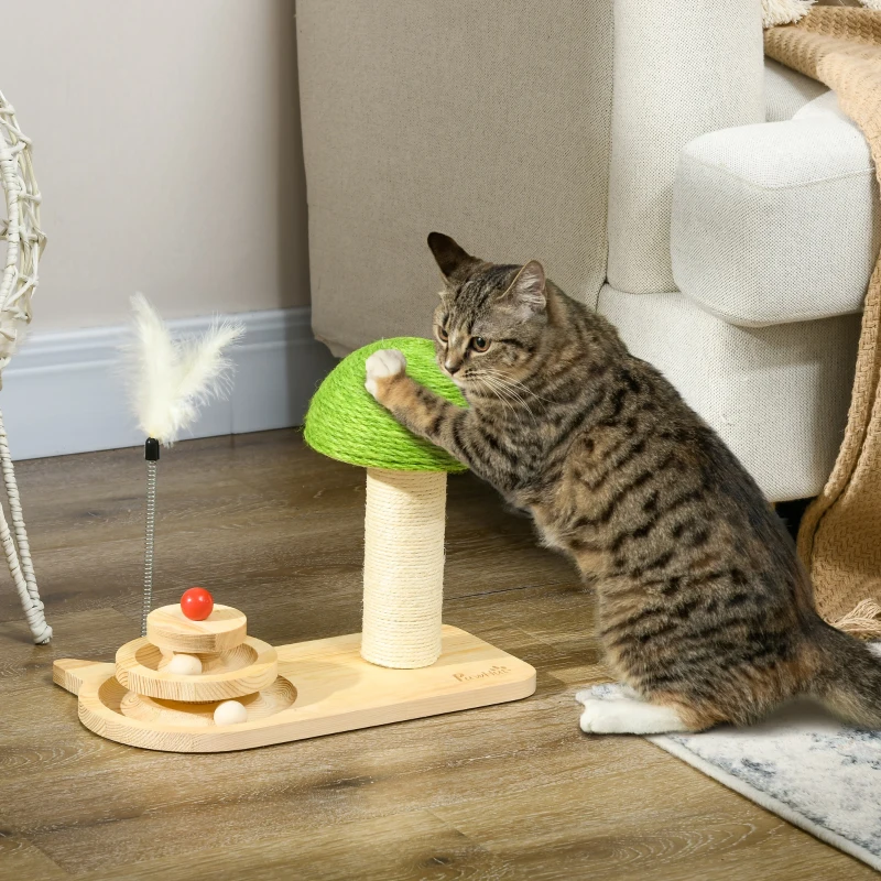 PawHut Mushroom-Shaped Cat Scratching Post, with Toy Balls, Feather for Indoor Cats, 35 x 21 x 26cm - Natural Tone