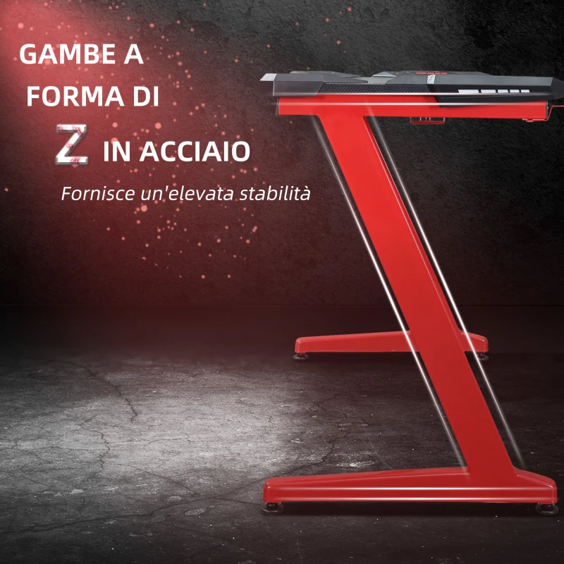 HOMCOM Scrivania PC Postazione Gaming con Gancio per Cuffie e Porta Tazza, Metallo e Legno, 122x66x96cm, Nero e Rosso