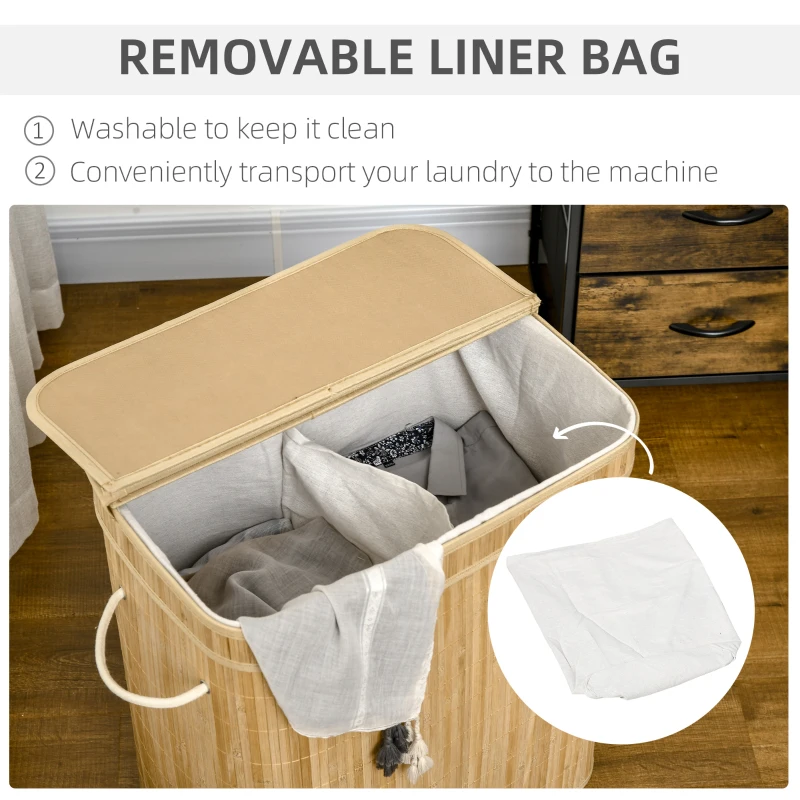 HOMCOM Opvouwbare Bamboe Wasmand, Handige 90L Wascontainer met Uitneembare Binnen Zak en Deksel