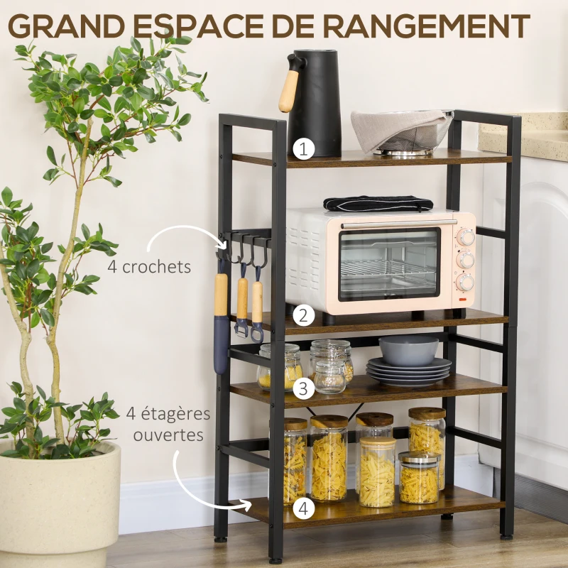 HOMCOM Étagères de cuisine meuble de rangement avec 4 étagères et 4 crochets cadre en acier noir et bois aspect marron