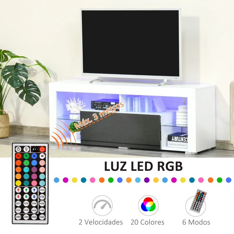 HOMCOM Mueble de TV para Televisiones de 55'' Mesa para TV de Salón con Luz LED 6 Modos de Colores 140x35x52 cm Blanco