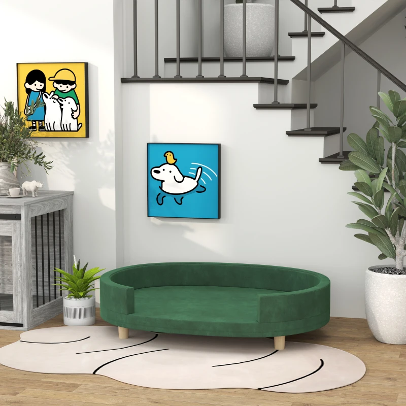 PawHut Canapé pour chien fauteuil pour chat surface en velours avec coussin amovible pieds en bois 100l x 70P x 25H cm vert