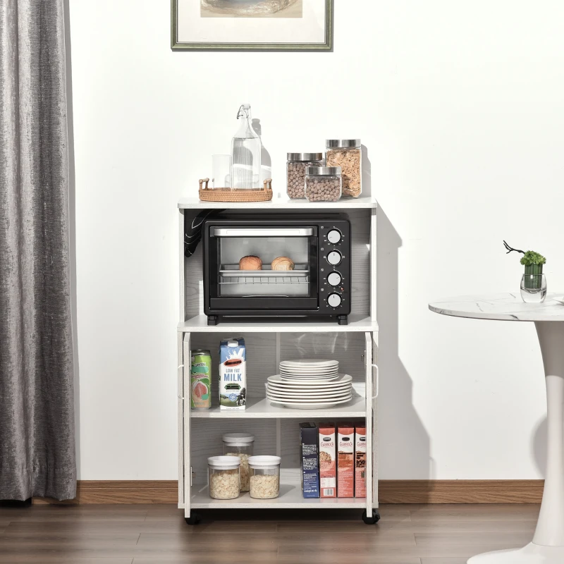 HOMCOM Mobile Cucina Multiuso con Ruote, Armadietto e Ripiano per Microonde, Credenza Alta in Legno Truciolare, 60.4x40.3x97cm Bianco