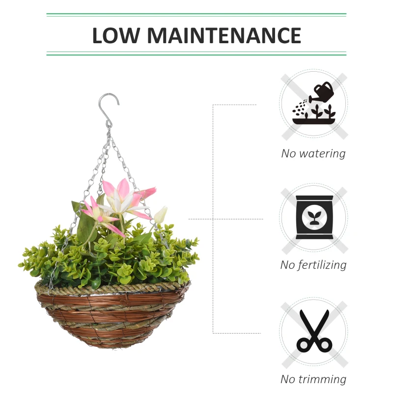 Outsunny Pack of 2 Artificial Clematis Flowers Hanging Planter Basket for Indoor Outdoor Decoration