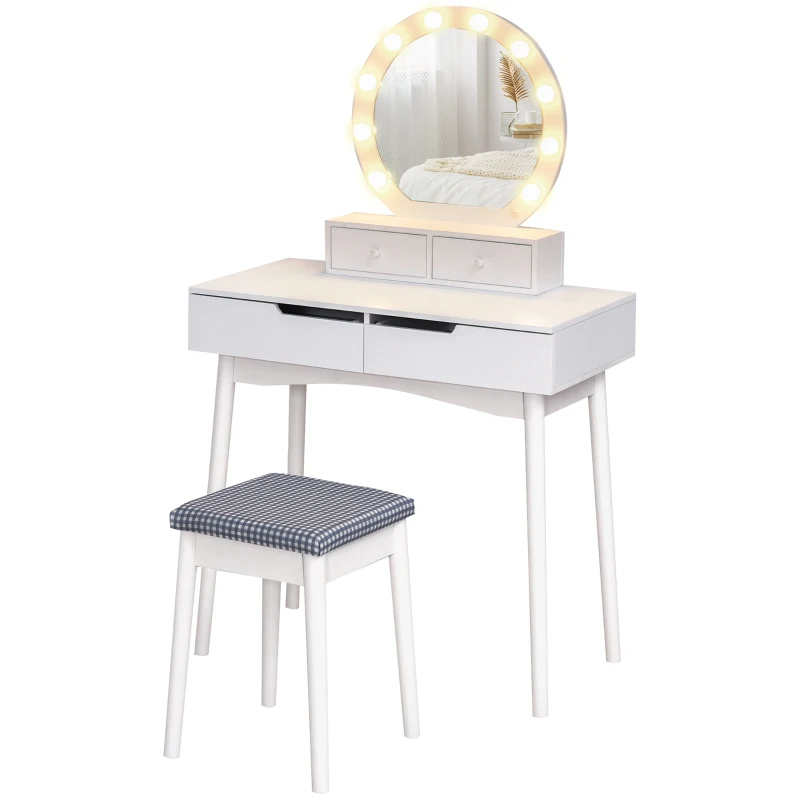 HOMCOM Dressing Table Set with LED with Table Stool Table Stool Set Makeup Dresser Desk with 4 Drawers for Bedroom White