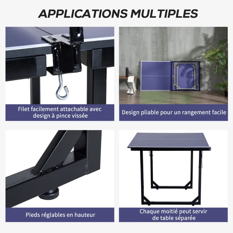 HOMCOM Table de tennis de table table de ping-pong avec filet se transforme en 2 tables pieds pliables, 182 x 91 x 76 cm bleu