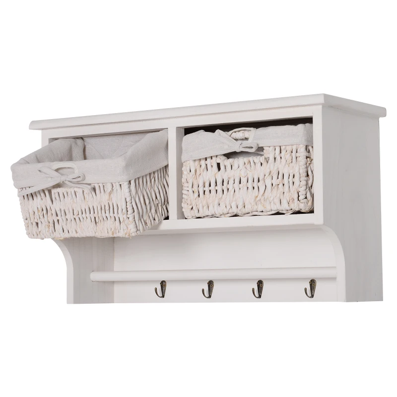 HOMCOM Porte-manteau mural - meuble de rangement mural étagère 4 patères + 2 paniers bois de paulownia osier tissu blanc