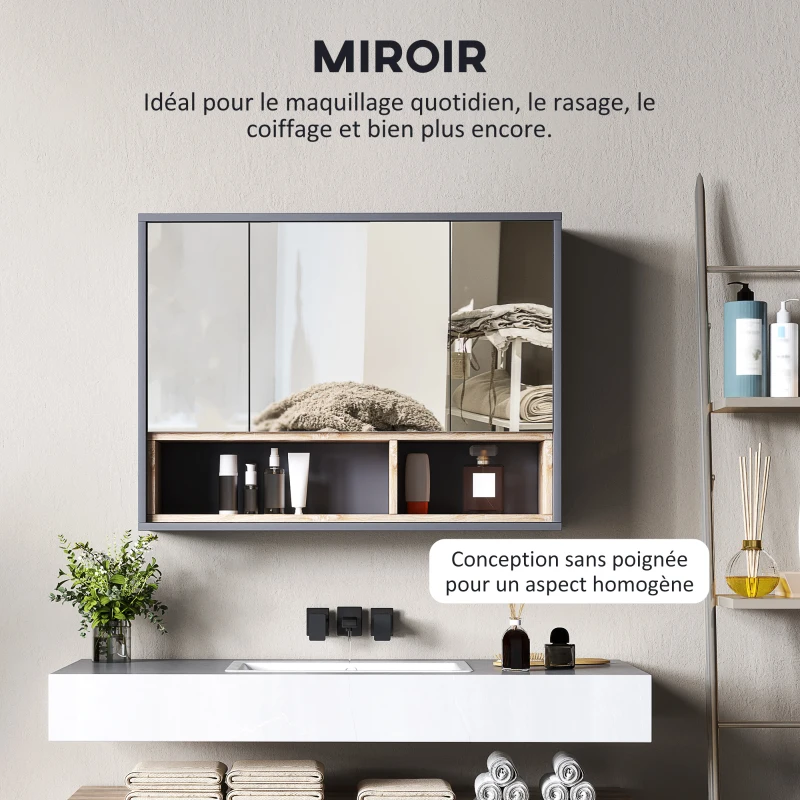 HOMCOM Meuble salle de bain avec miroir, armoire toilettes murale avec placards à 3 portes et 8 compartiments, gris(m-5)