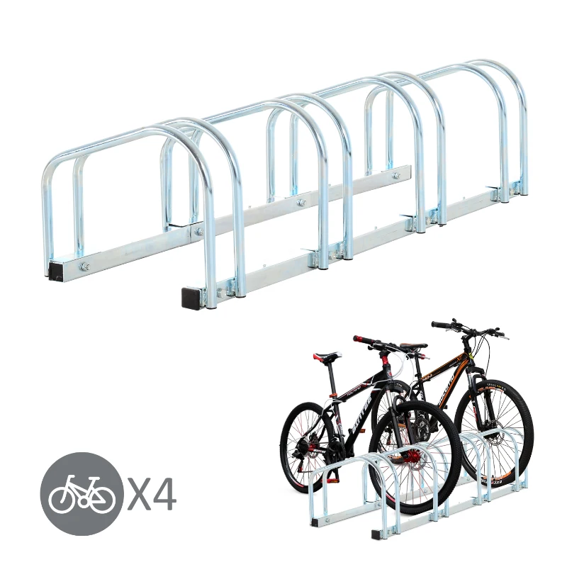 HOMCOM Rastrelliera Biciclette da Pavimento o Parete, Portabici da Terra per 4 Biciclette in Acciaio, Ruote Fino 55 mm, 100x33x27 cm, Argento