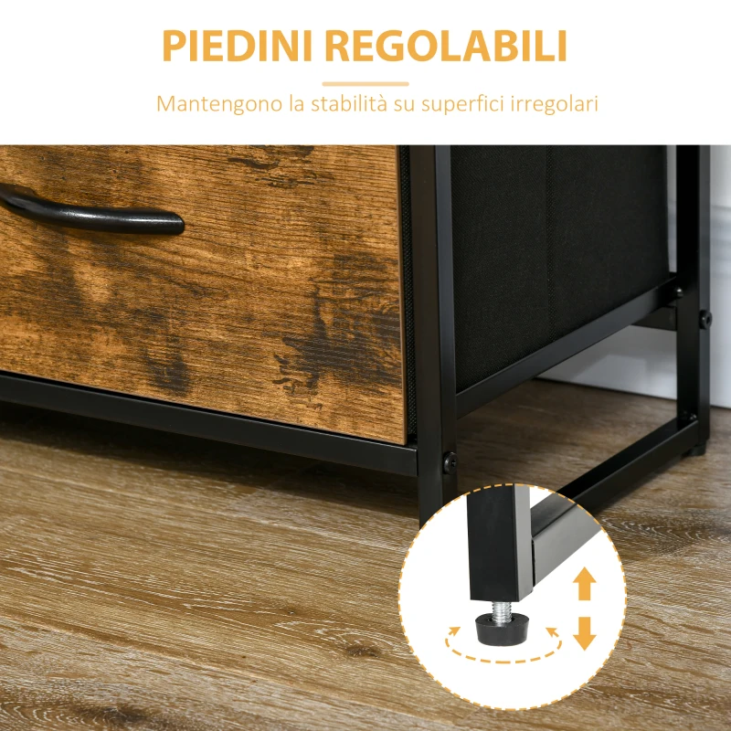 HOMCOM Cassettiera in Stile Industriale con 4 Cassetti in Tessuto Pieghevole e 2 Ripiani Aperti, 84x30x71.5 cm, Marrone
