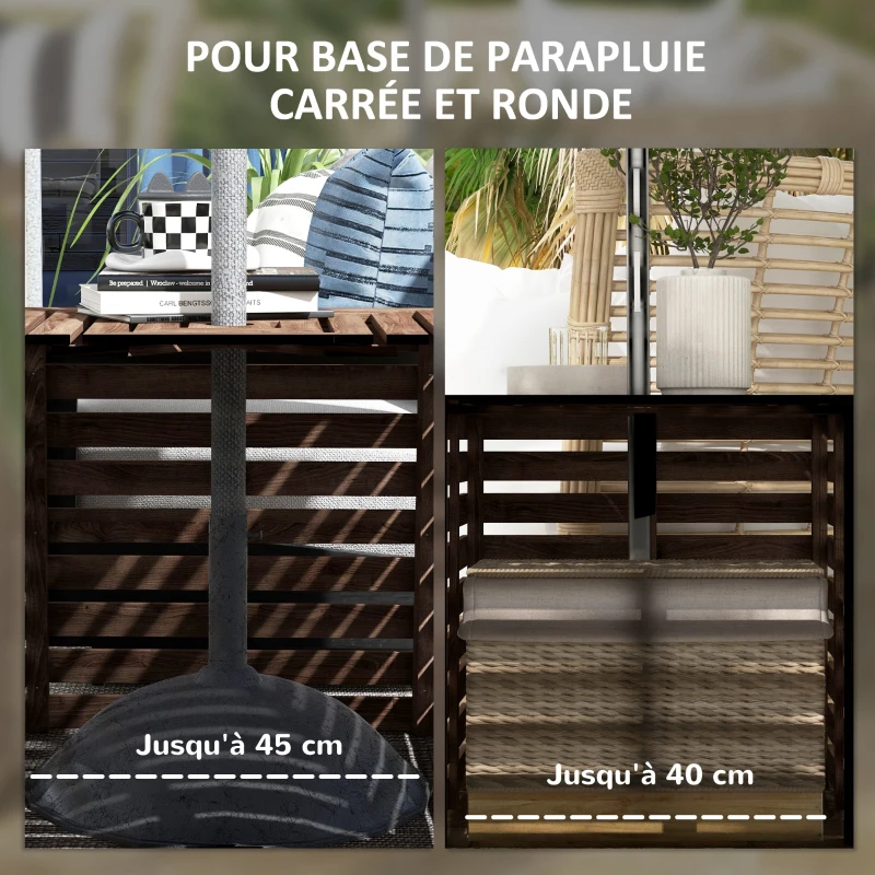 Outsunny Coffre de rangement extérieure 2 en 1 pour base de parasol, table d'appoint de terrasse avec trou pour parasol en bois