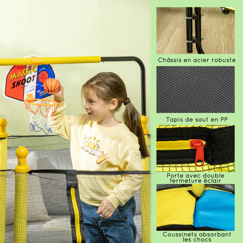ZONEKIZ Trampoline rond enfant avec filet de protection capacité 50 kg pour adultes et enfants diamètre 140 cm jaune et noir