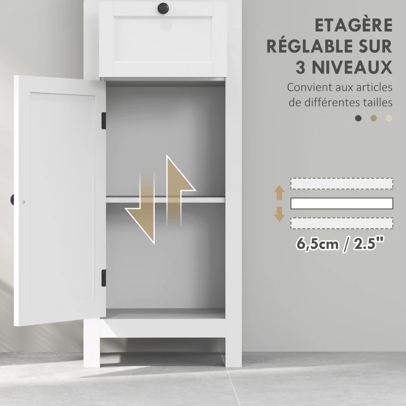 HOMCOM Meuble colonne de salle de bain armoire haute avec 2 étagères, 1 tiroir et 1 placard - 40 x 30 x 165 cm, blanc