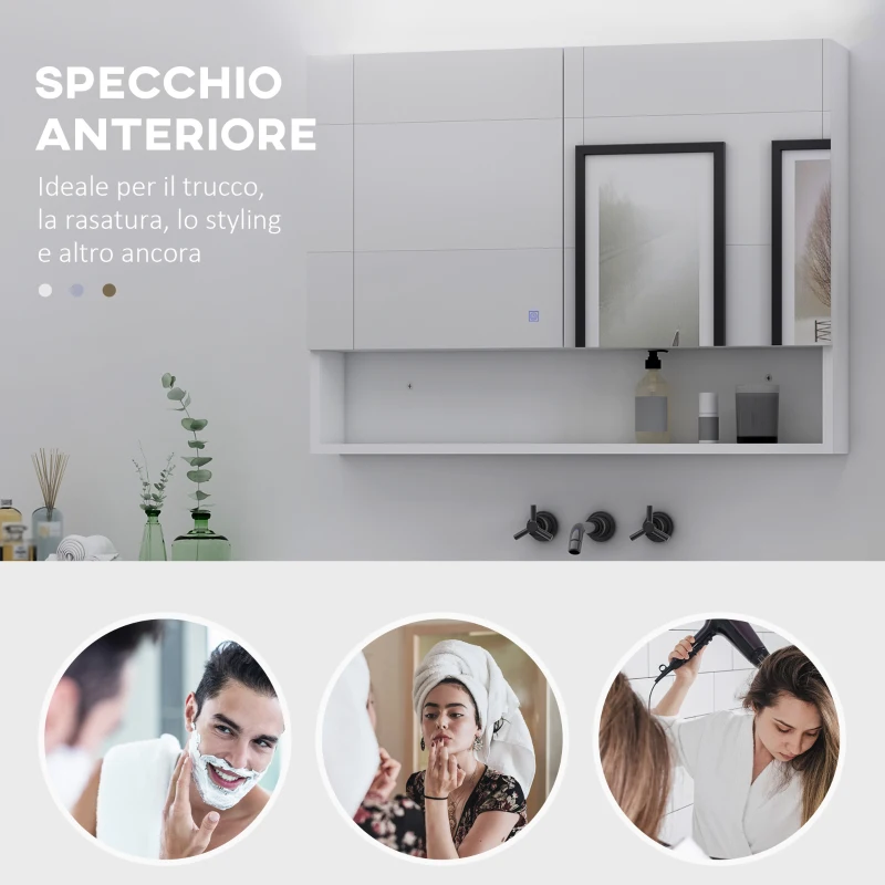 HOMCOM Armadietto con Specchio a Muro, Luci a LED, Ripiano Aperto e Ripiano Interno, 80x15x60cm