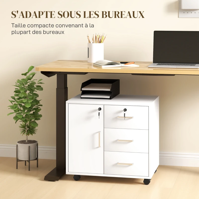 HOMCOM Caisson bureau meuble de rangement verrouillable avec 3 tiroirs et étagère réglable, roulettes, 40 x 60 x 56 cm, blanc