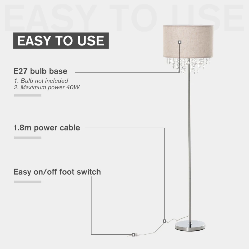 HOMCOM Modern Steel Floor Lamp with Crystal Pendant Fabric Lampshade Floor Switch, Home Style Standing Light for Living Room, Entrance, Office, 164CM, Silver and Cream White