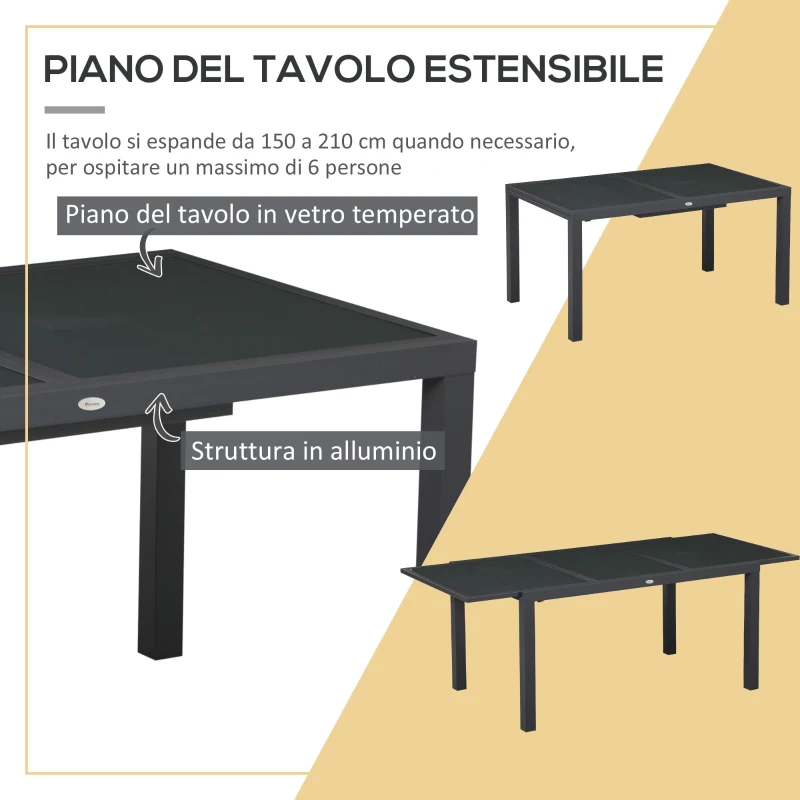 Outsunny Set da Giardino con Tavolo Allungabile in Vetro e 6 Sedie con Seduta Traspirante, Grigio Scuro