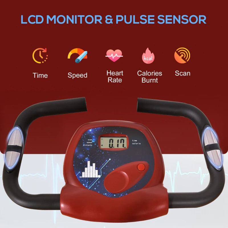 HOMCOM Folding Exercise Bike, Fitness Bicycle Indoor Trainer, 8-Level Magnetic Resistance Adjustable, with LCD Monitor, Pulse Sensor, Red