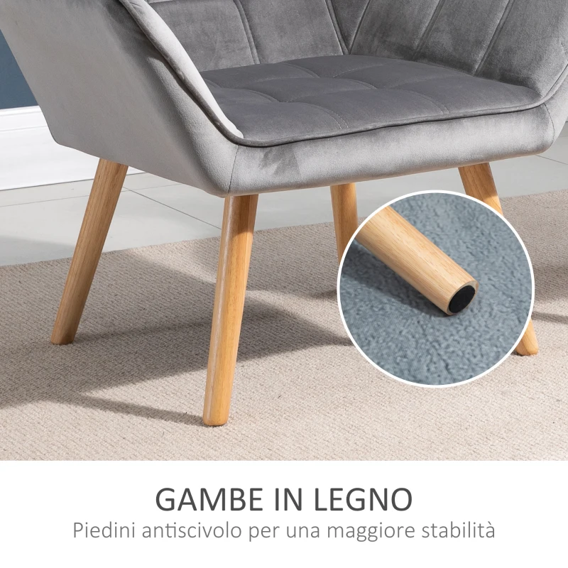 HOMCOM Poltroncina Stile Nordico in Legno ed Effetto Velluto Grigio per Soggiorno o Ufficio, 67x61.5x71 cm