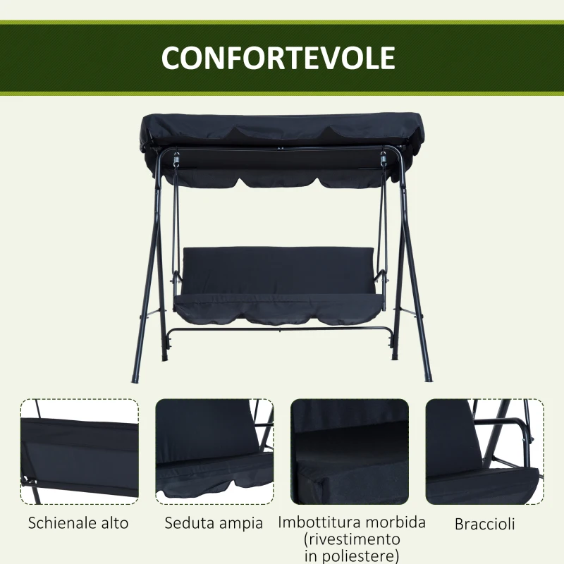 Outsunny Dondolo da Giardino 3 Posti con Tetto Parasole Regolabile e Struttura in Acciaio, 172x110x153cm, Nero