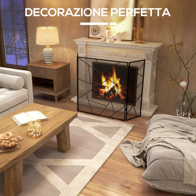 HOMCOM Parascintille per Camino Pieghevole a 3 Pannelli in Acciaio con Design Geometrico, 135x1.2x85cm, Nero