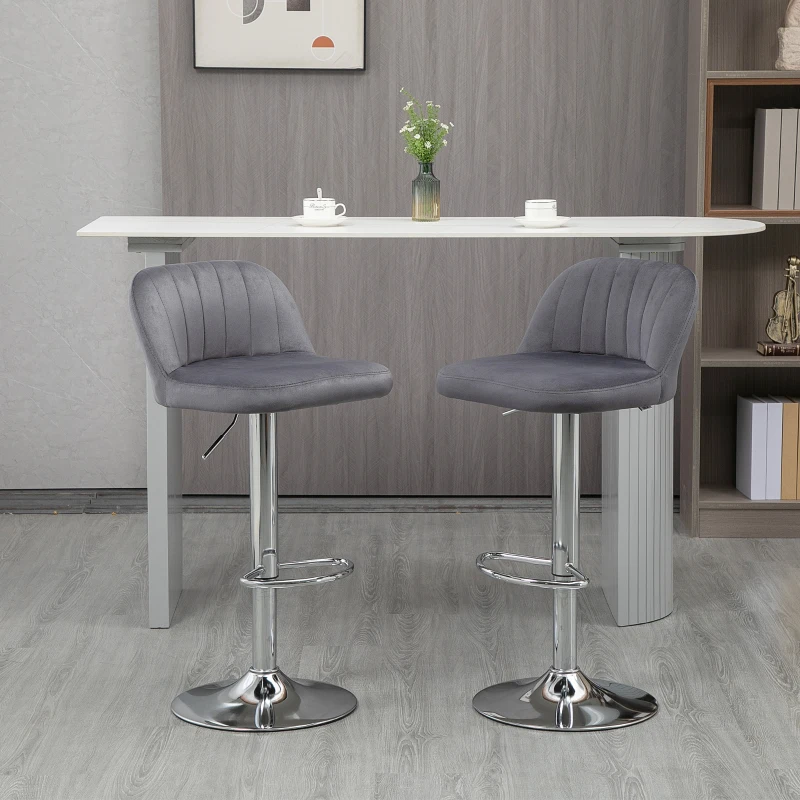 HOMCOM Lot de 2 tabourets de bar design contemporain avec repose-pieds hauteur réglable et pivotant - revêtement tissu effet velours - pied métal - gris