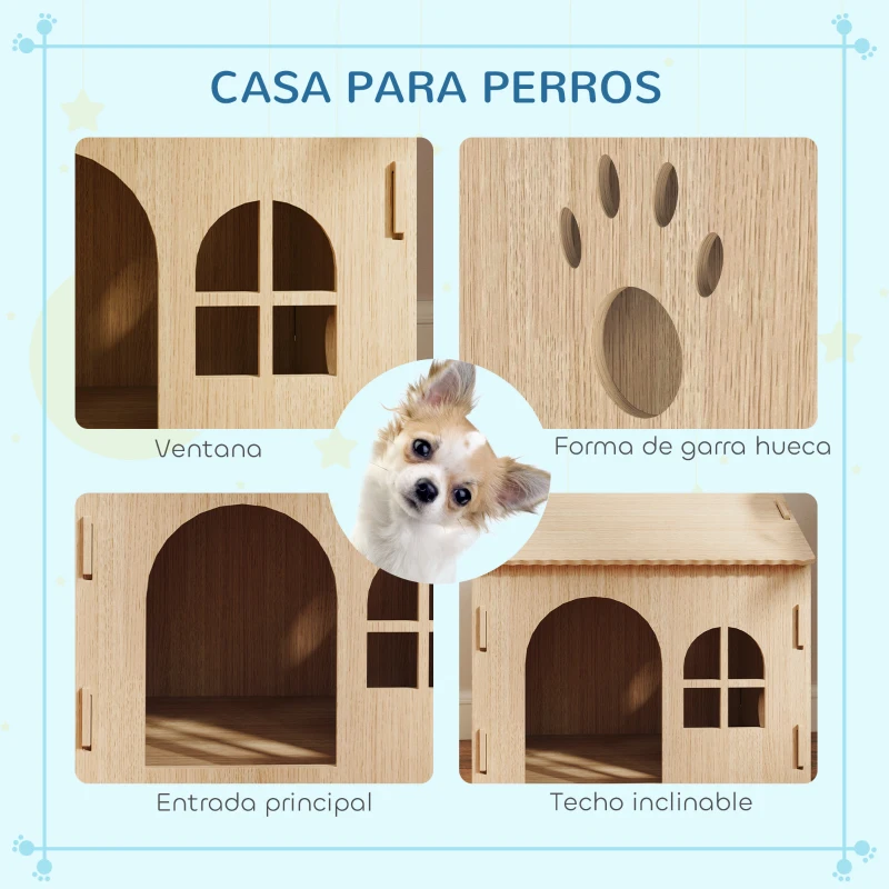 PawHut Caseta para Perros Interior con Ventana Diseño de Garra Hueca Casita para Perros y Gatos 49,5x41x51 cm Roble