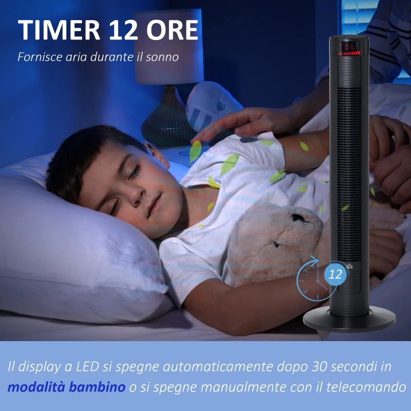 HOMCOM Ventilatore a Torre 45W a 4 Modalità e 3 Velocità con Timer da 12h, in ABS, 31.5x31.5x96 cm, Nero