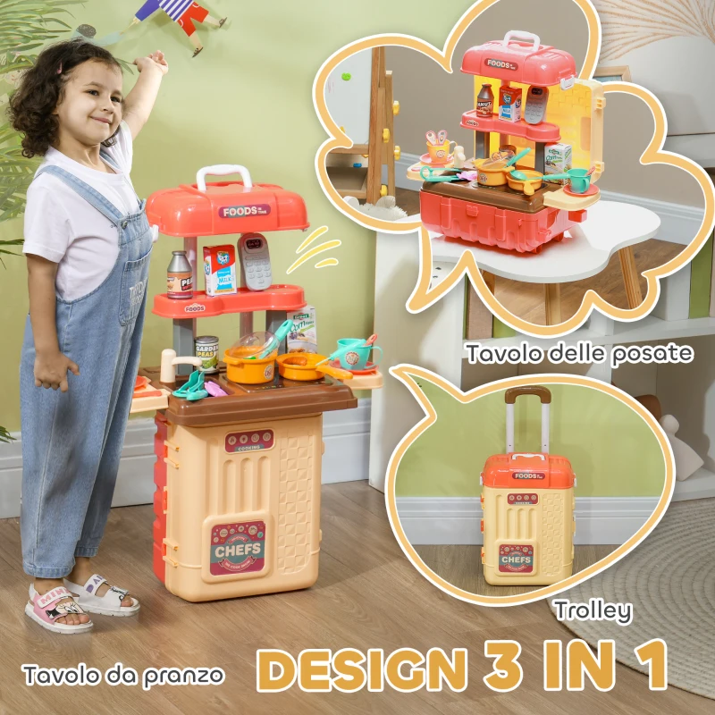 AIYAPLAY Gioco per Bambini 3 in 1 da 36 Pezzi con Tavolo per Posate, Tavolo da Pranzo e Trolley, in PP e ABS, 48x26x64 cm