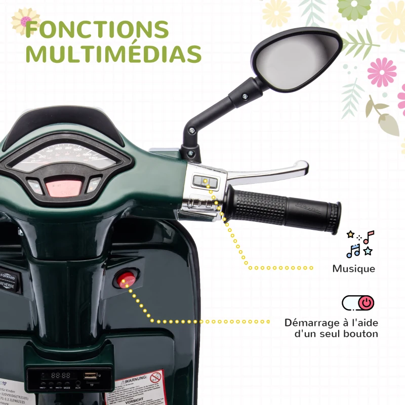 AIYAPLAY Scooter électrique enfant Vespa 6 V dim. 107L x 47l x 73H cm Musique MP3 Port USB Phare 2 roues d'entraînement - Vert